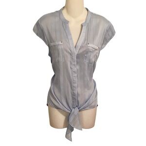 Cache sky blue stripe sheer button up tie front blouse top Medium M